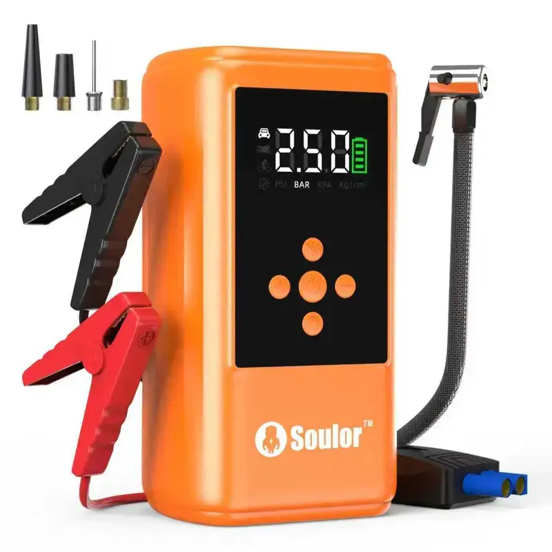 Soulor Arrancador de batería 5 en 1, arrancador de coche de 1000 A/2000 A con bomba de aire de 150 PSI, inflador y desinflador digital de neumáticos, cargador portátil de batería para coche con puerto USB y luz LED para vehículos de gasolina, mante - Foto 8
