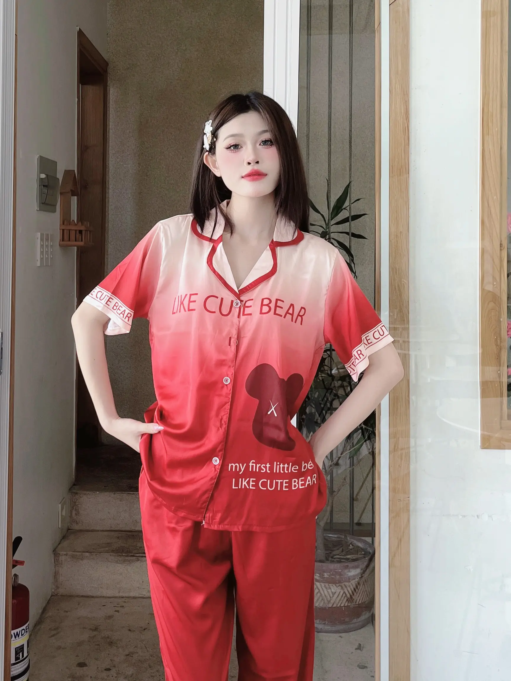 LATIN A46 ( 40- 60Kg) - Pijama latin lụa mịn thiết kế họa tiêt LOAN ĐỎ TAY NGẮN, TAY DÀI