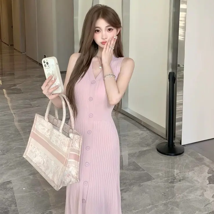 Sweet Hot Girl Pure Desire Super Fairy Summer V-neck Knitted Dress Korean Style New Sexy Tight Waist Slim Vest Skirt