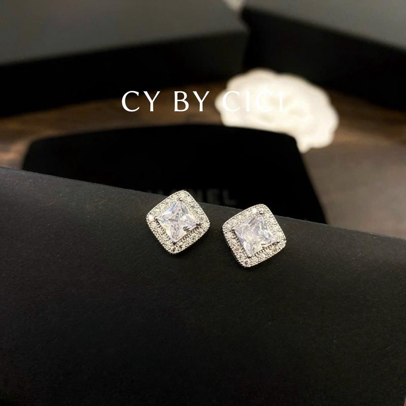S357 Khuyên tai Đá CiCi mặt Vuông 10mm sáng đẹp, bền màu, an toàn cho Da, chất liệu Cao cấp, Women 0