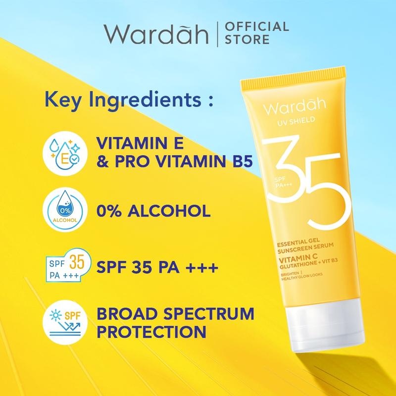 Wardah UV Shield Essential Gel Sunscreen Serum SPF 35 PA+++ [Kemasan Baru] Wajah Facial Sunblock  Lightening 1