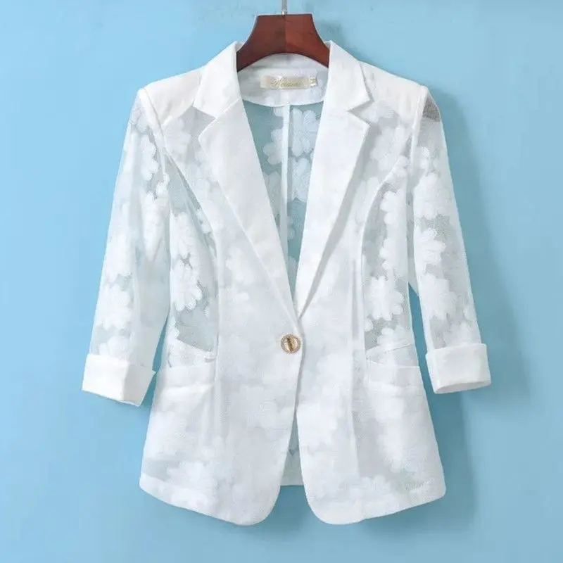 Áo Khoác Vest Nhỏ Thời Trang Phổ Biến Với Ren, Tay Áo 3 / 4, Thích Hợp Cho Mùa Hè 2024, Áo Sơ Mi Chống Nắng, Dễ Phối Đồ
