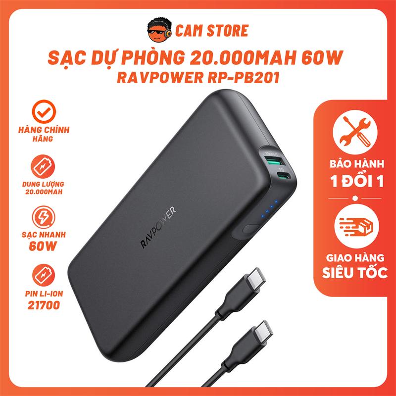 Sạc Dự Phòng RAVPOWER 20.000mAh - Sạc Nhanh 60W, Sạc Đa Thiết Bị LAPTOP, ĐIỆN THOẠI, Pin Li-ion 21700 Siêu Bền, RAVPOWER RP-PB201