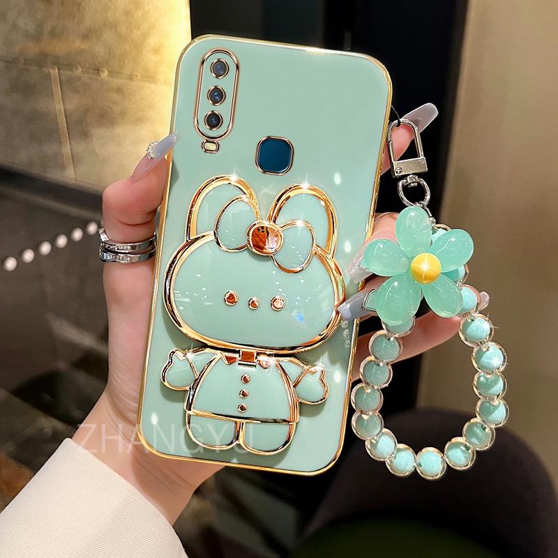 Ốp Điện Thoại, Cho Vivo Y11, Y12, Y15, Y17, Y19, Chất Liệu TPU, Thiết Kế Hình Thỏ 3D, Chân Đế Âm Thanh Nổi, Siêu Mỏng, Mạ Điện, Ốp Mềm, Ốp Bảo Vệ Chống Sốc, Kèm Vòng Đeo Tay