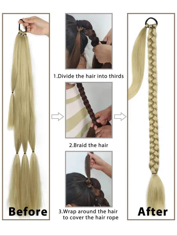 26/30/34 Inch Long Braided Ponytail Extension with Hair Tie, Straight Wrap Around Hair Extensions, Natural Soft Synthetic Hair Piece for Women Daily Wear, Synthetic Braiding Hair 3