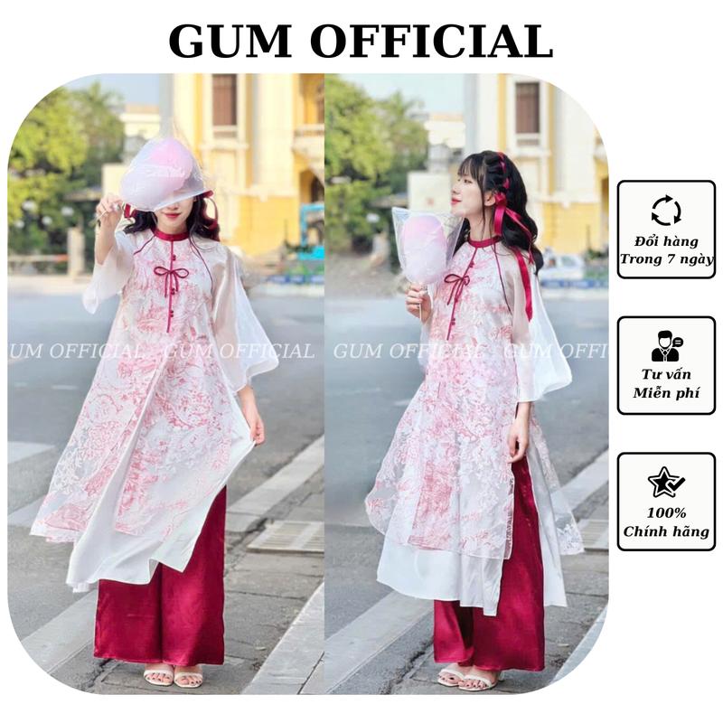 Áo dài cách tân Hải Đường dáng suông xẻ tà tay lỡ Gum Official, Áo dài tứ thân 4 tà tay loe chất liệu voan in hoa đỏ , Áo dài ngũ thân tay chẽn
