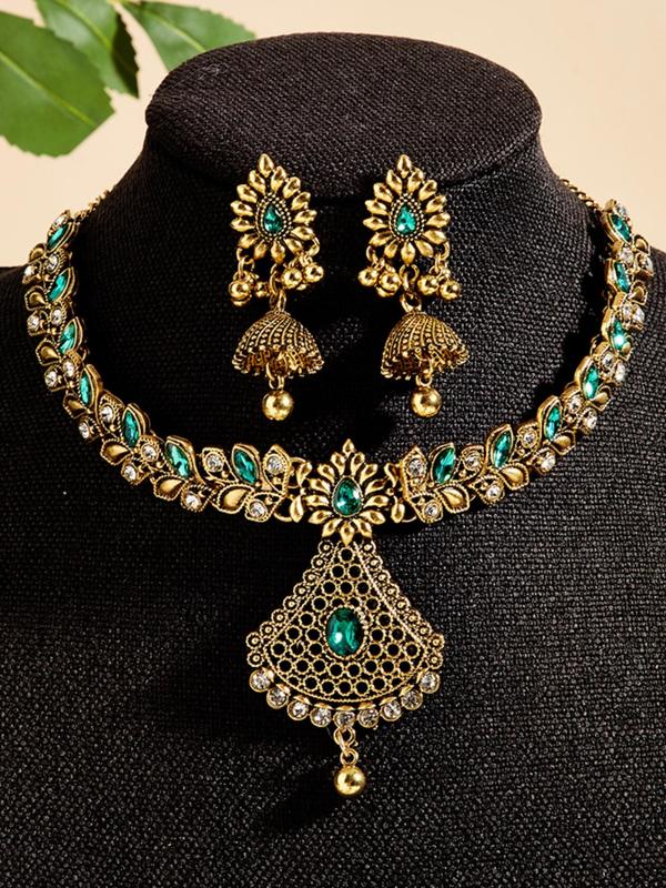 Women's Elegant Boho Style Jewelry Set, Exquisite Trendy Rhinestone Decorated Pendant Necklace & Dangle Earrings, Chic Jewelry Set for Party Decoration 0