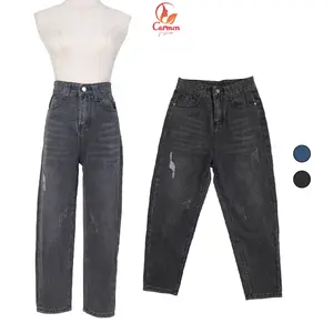 Boyfriend Ripped Jeans High Waist Wanita Celana Panjang Longgar Korea Santai CF P526 Abu Hitam Biru Tua