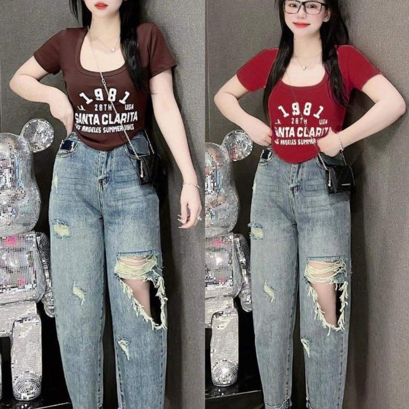 Áo Thun Croptop CHỮ XƯỚC  in 1981 .Chất thun gân lạnh có size từ 40-85kg Nữ Women Cổ Tròn Nâu