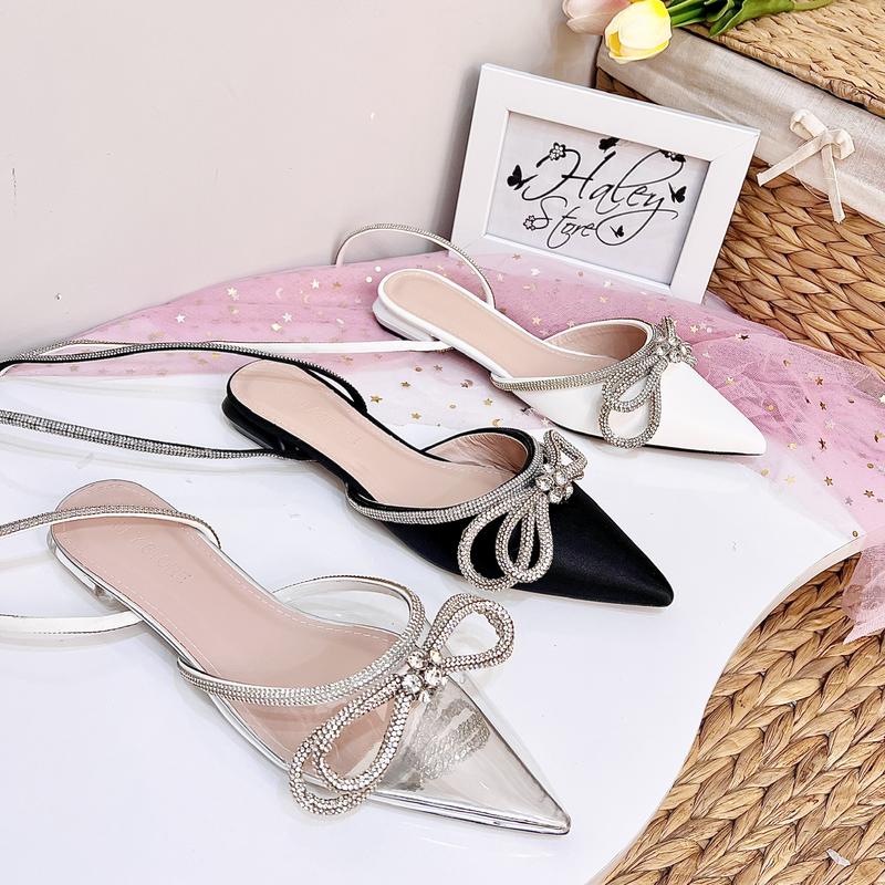 Giày nơ xoàn vip 2p HALEY STORE đế bệt nơ đính xoàn mũi nhọn dây xoàn tiểu thư tiệc cưới bền đẹp đi học đi chơi đi làm êm chân