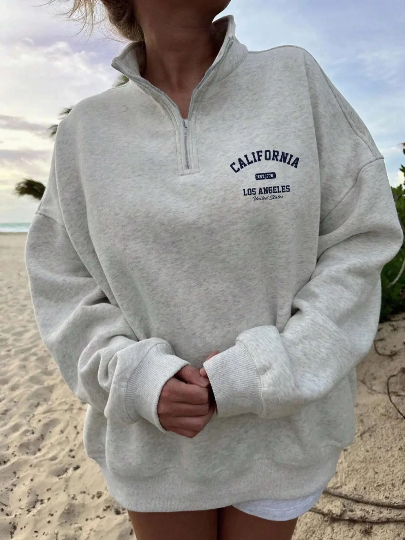 Women's Letter Print Drop Shoulder Polo Neck Sweatshirt, Casual Long Sleeve Zipper Pullover for Fall & Winter, Women's Clothes for Daily Wear