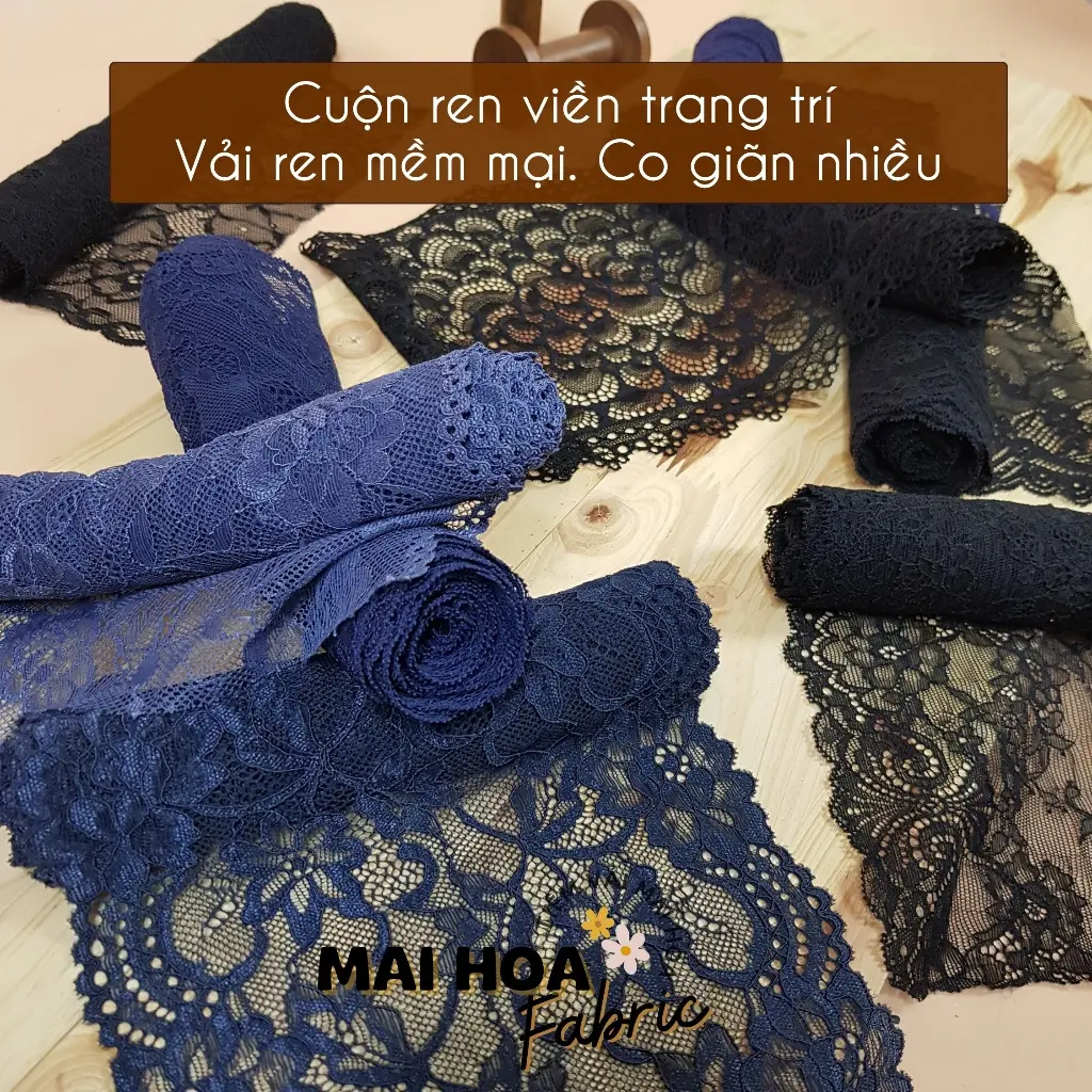 Viền ren thun co giãn nhiều. Cuộn ren cotton đen bản to. Ruy băng ren trang trí mềm mại. Tiệm vải Mai Hoa