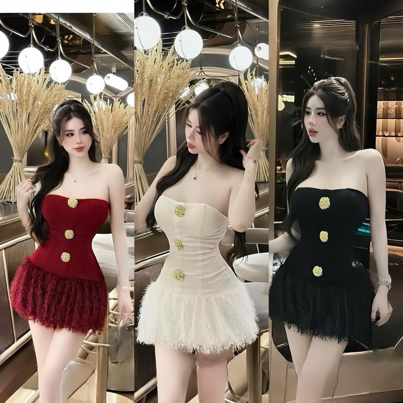 Đầm cúp ngực thiết kế chất tăm phối tùng bí lông mịn (có mút có dây kéo ) sành điệu cho nữ - Cup, Women - Dress váy  nhung