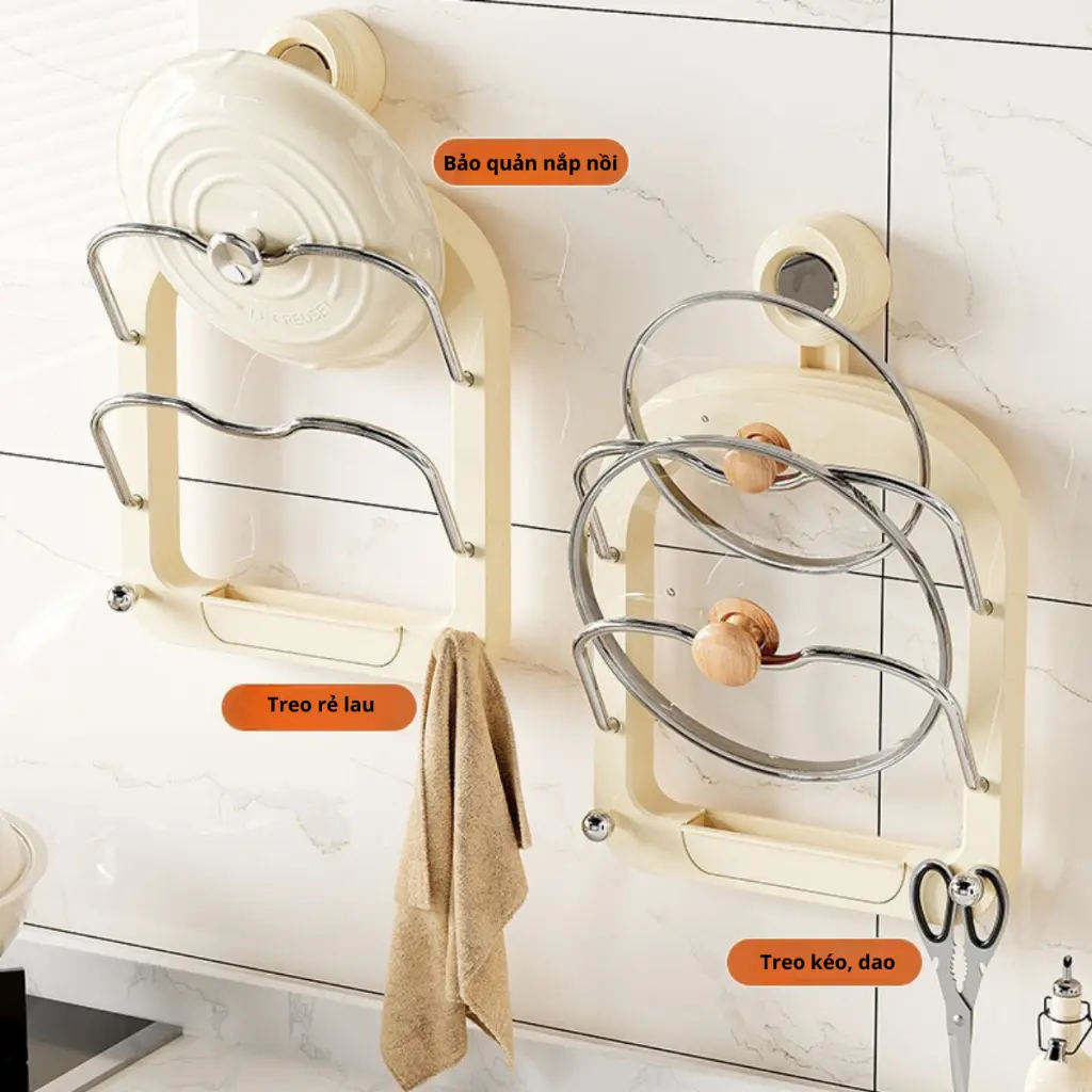 Giá Đỡ Nắp Nồi Kín Chân Không, Giá Treo Tường Đa Năng, Không Cần Khoan, Tiện Lợi Cho Nhà Bếp