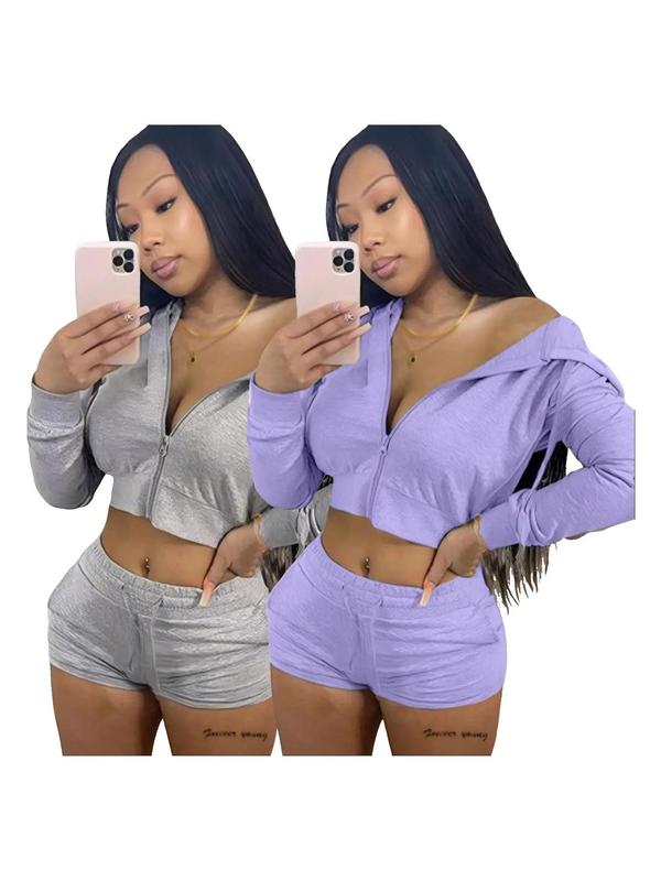 Two-Piece Set Women's Solid Zip Up Crop Hoodie & Drawstring Waist Shorts Set, Long Sleeve Cropped Hooded Top & Pocket Track Shorts, Casual Spring & Fall Clothes for Outdoor 5