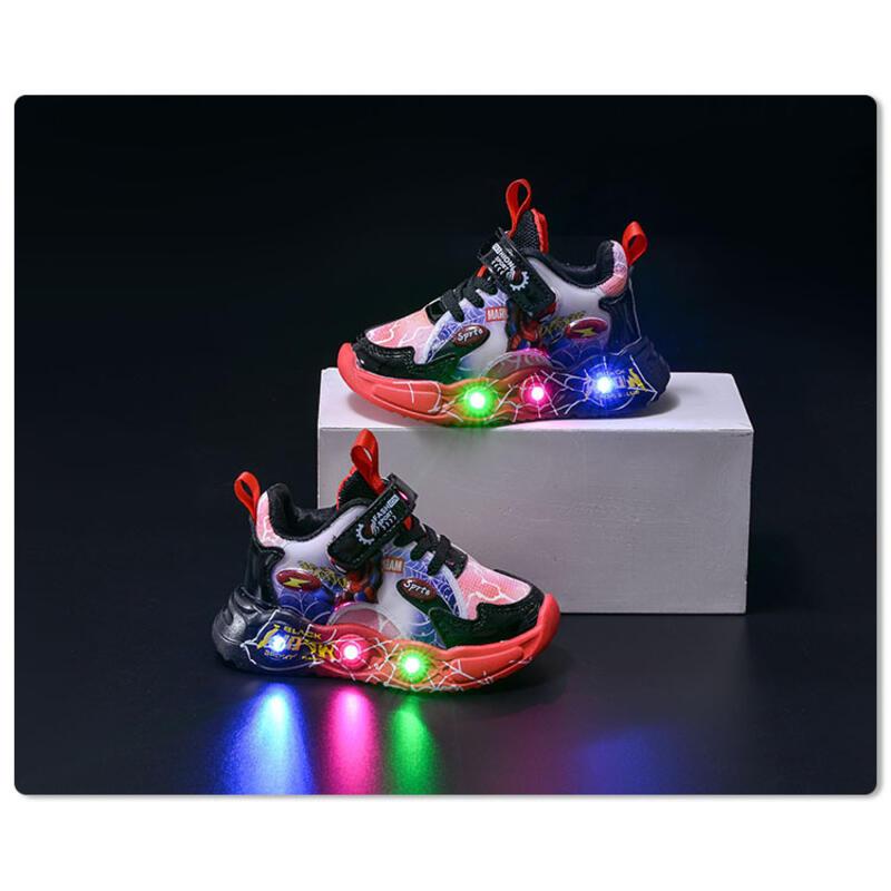 Product Introduction of 2024 Spring Autumn Lights New Children's Leather Spider Man LED Induction Light Boys' Sports and Casual Shoes 4