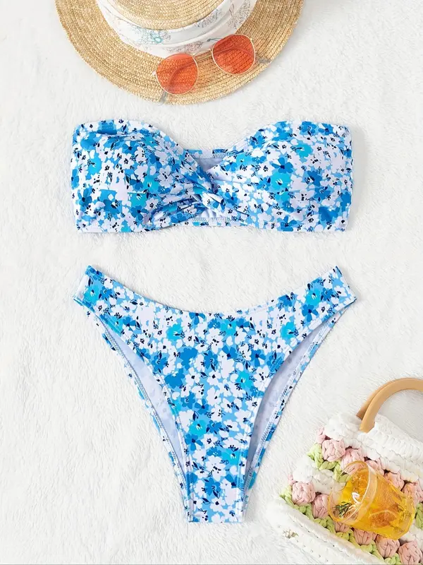 Two-Piece Sem Women's Ditsy Floral Print Twist Front Bikini Set, Casual Bandeau Swim Bra & High Cut Swim Panty, Fashion Chic Swimwear Set for Beach Holiday Vacation 0