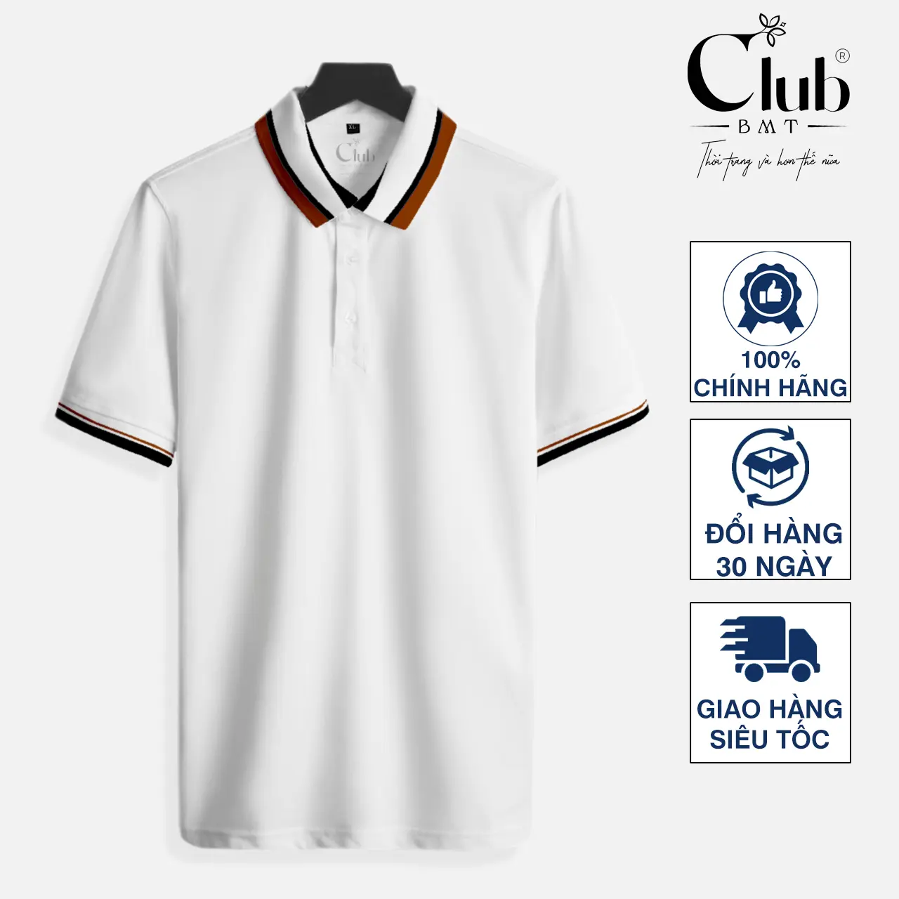 Áo thun polo trắng gạo cổ nâu CLUB BMT