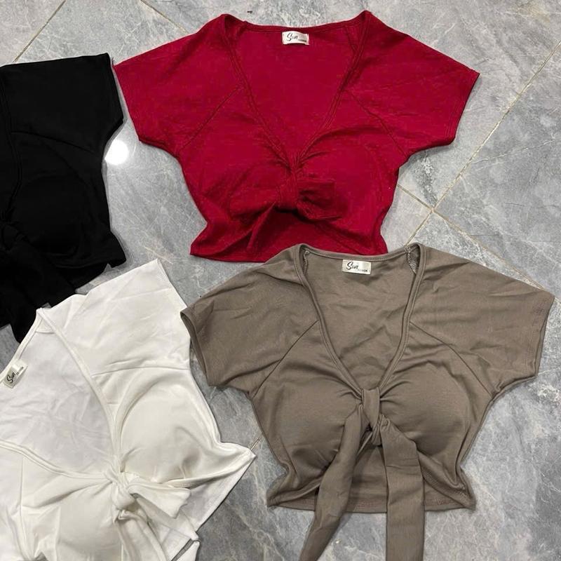 Áo croptop tay ngắn có mút cột dây giữa tạo nơ xinh bozip mềm Cổ Tròn Women Nữ aosang chanh 2
