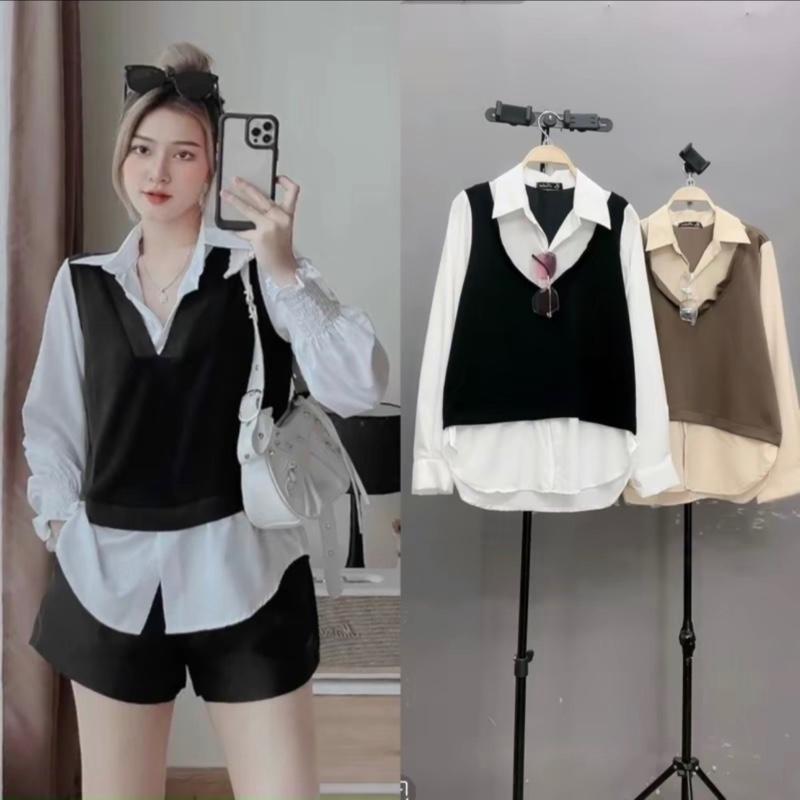 Set áo sơ mi ghi lê (may liền ) kèm quần sooc thời trang nữ 50-93kg ,sm180, q500 kiểu dáng hàn quốc