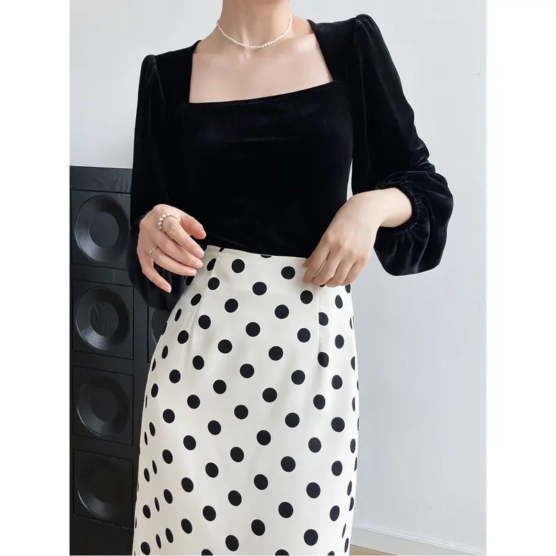 ONEFASHIONMALL SL033 Blouse Velvet Top Square Neck Long Sleeve Bluse Lengan Panjang Puff Atasan Baju Wanita 5