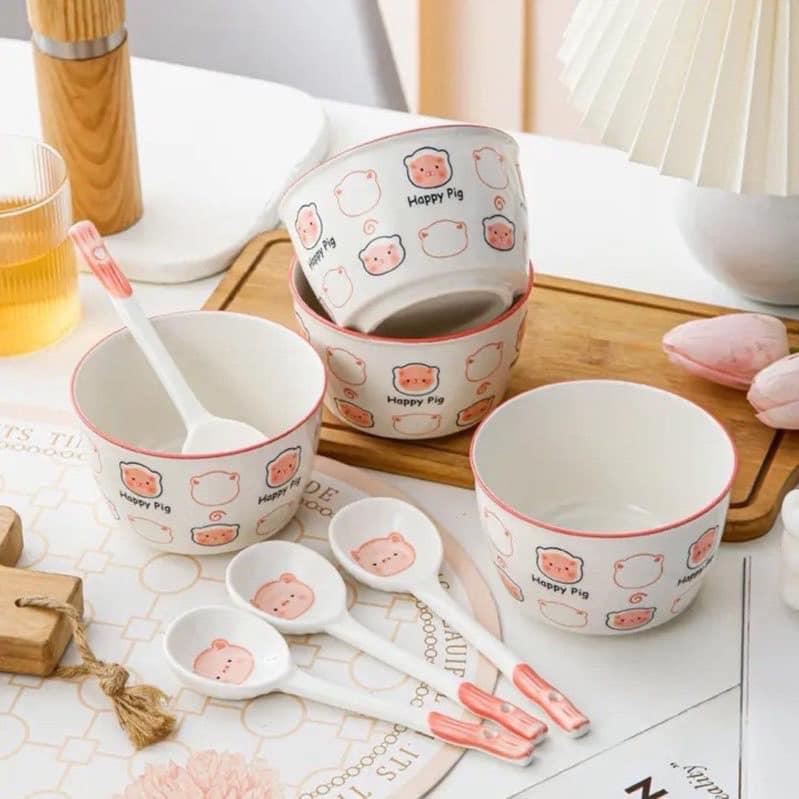 Set 2 Bát Kèm Thìa Bằng Sứ Hình Cute, set 2 bát 2 thìa ăn dặm cho bé Kem chén