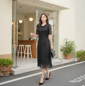 AC | [Pre-Order , Di Kirim Setelah Lebaran] Dress Lalisa Midi Daily Dress Brukat Combi Furing Lengan Pendek Style Wanita Casual Simple