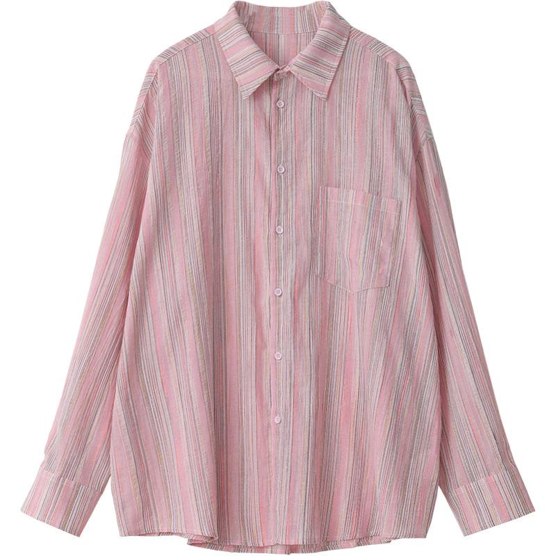 Product Introduction of BARE_(Có size)Áo kiểu nữ sơ mi dài tay kẻ sọc chất đũi  màu xinh pastel, áo somi phom rộng tay dài_ A281 Women Top Nhung Kem Voi Sen 3