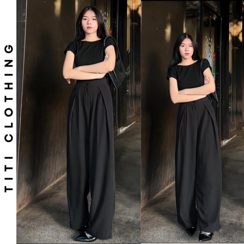 Quần ống suông nữ lưng cao TiTi03 ống rộng dáng suông cạp cao siêu đứng form tôn dáng chất vải rũ không nhăn không xù mềm mịn Ong Women Pants