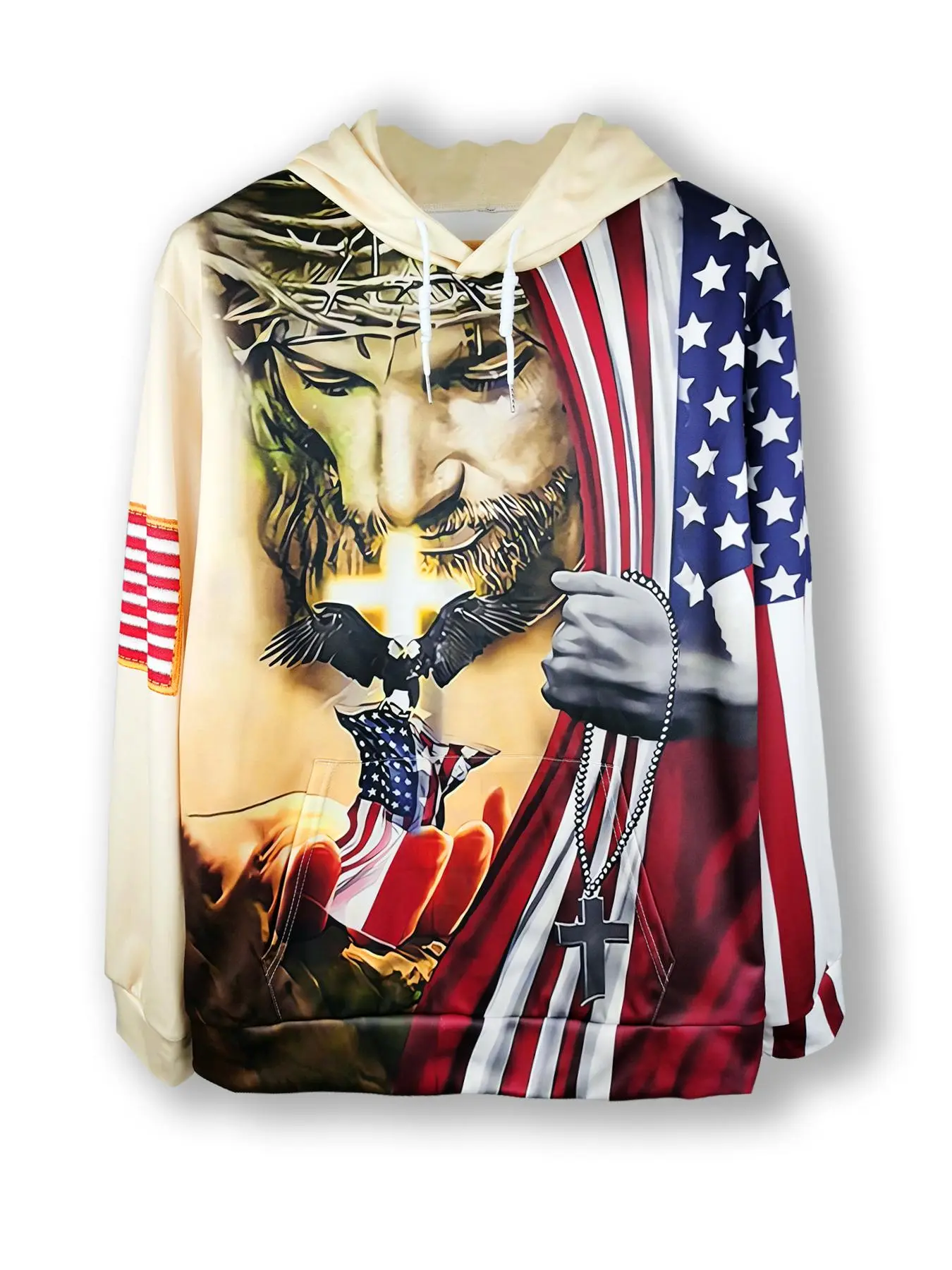 Men's Figure & Eagle Print Drop Shoulder Pullover Hoodie, Regular Fit Fashion Drawstring Pocket Hooded Sweatshirt, Street Style Clothes for Men