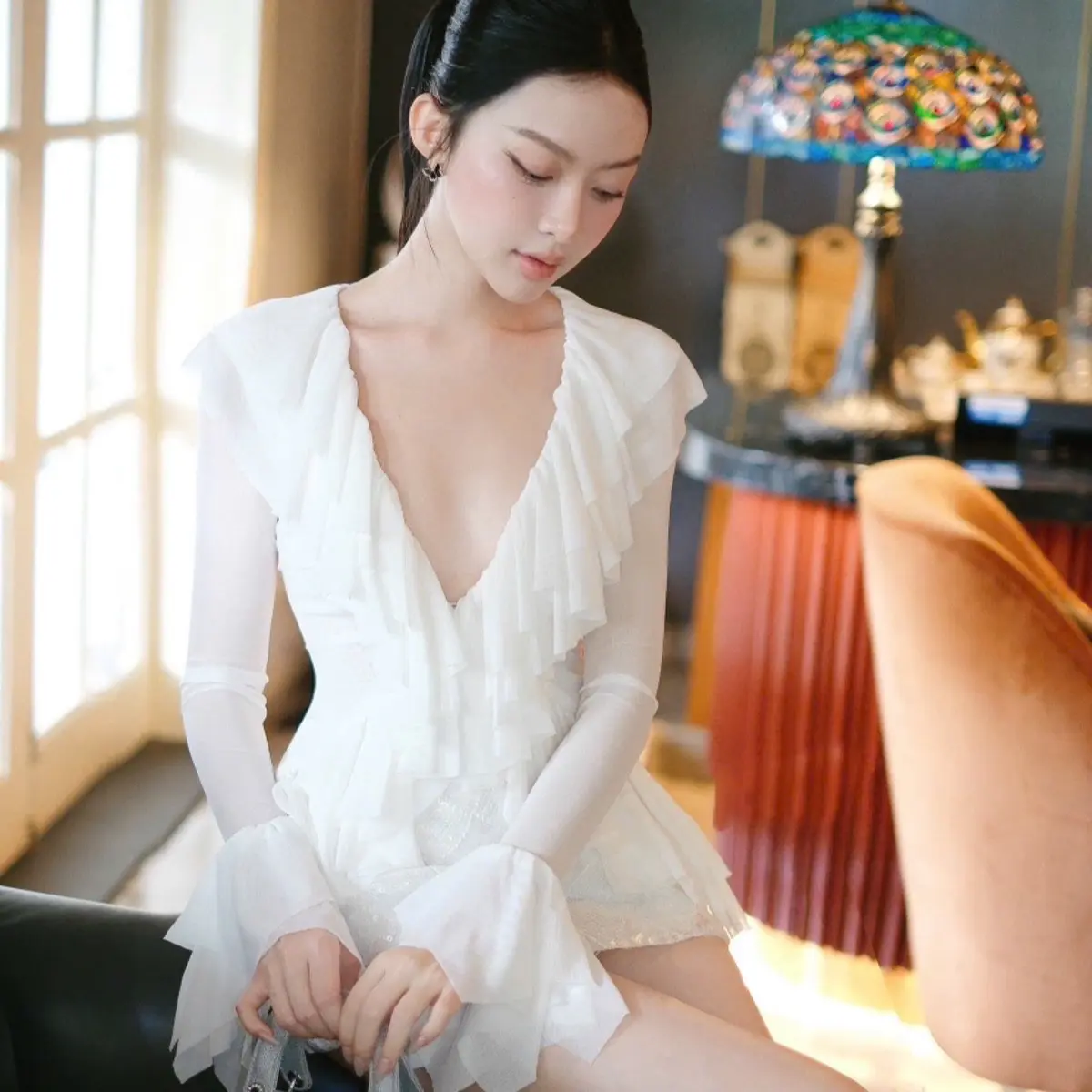 Áo Thun Top Bèo Lưới Nữ Hai Lớp Tay Loe Co Giãn D6