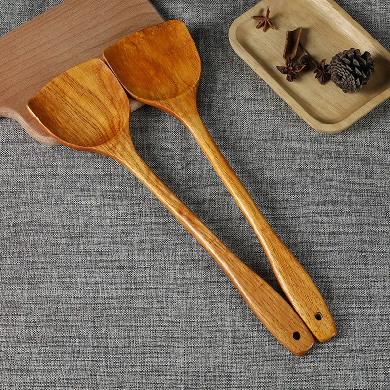 Thìa nấu ăn chống dính, tay cầm dài, xẻng đốt bằng gỗ chịu nhiệt cho nhà bếp 0