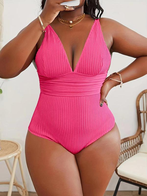 【Plus Size】Solid Color V Neck One-piece Tank Swimsuit, Plus Women's Sexy Sleeveless Ribbed Swimwear for Summer, Plus Ladies One Piece Swimsuit for Beach Holiday Vacation, Swim Bodysuit 0