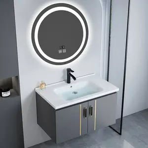 Wastafel Keramik + Lemari Aluminium Deep Grey & Cermin Pintar