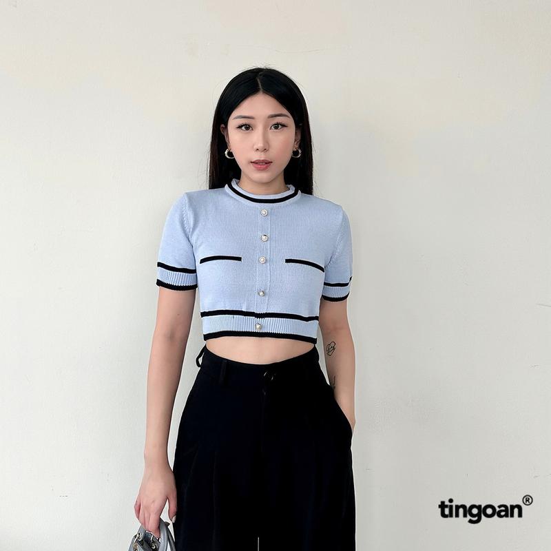 Áo len ngắn tay viền xanh tingoan ALISSA TOP/BLUE