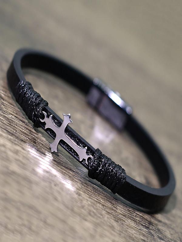 Men's Vintage Cross Charm Decor Bracelet, Fashionable Leather Bracelet for Party, Daily Clothing Decor, Trendy All-match & Exquisite Jewelry for Birthday Gift 2