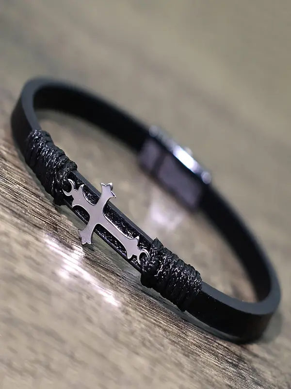 Men's Vintage Cross Charm Decor Bracelet, Fashionable Leather Bracelet for Party, Daily Clothing Decor, Trendy All-match & Exquisite Jewelry for Birthday Gift 2