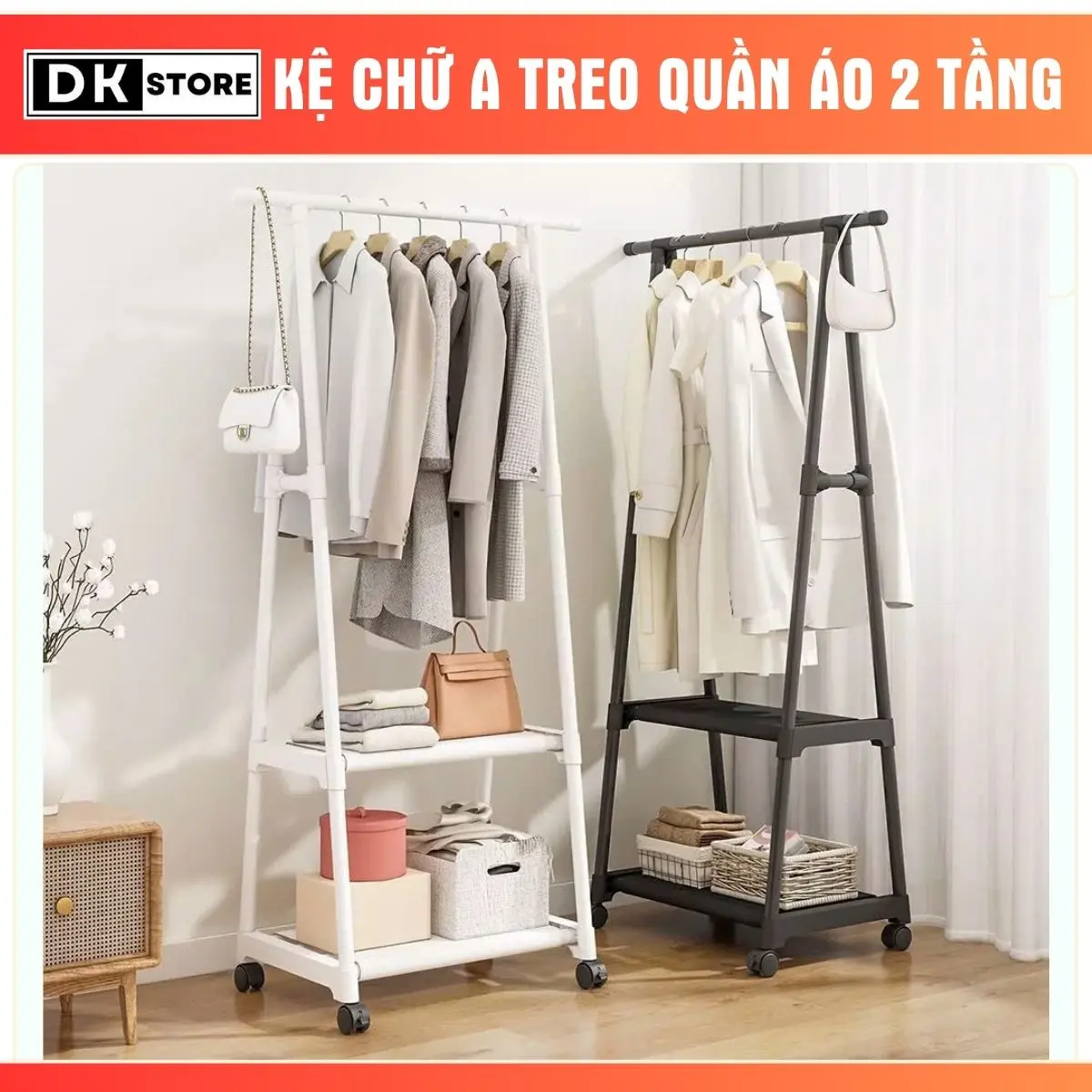 Kệ Chữ A Treo Quần Áo Siêu Bền, Giá Treo Quần Áo 2 Tầng Có Bánh Xe, Khung Thép Carbon Siêu Bền