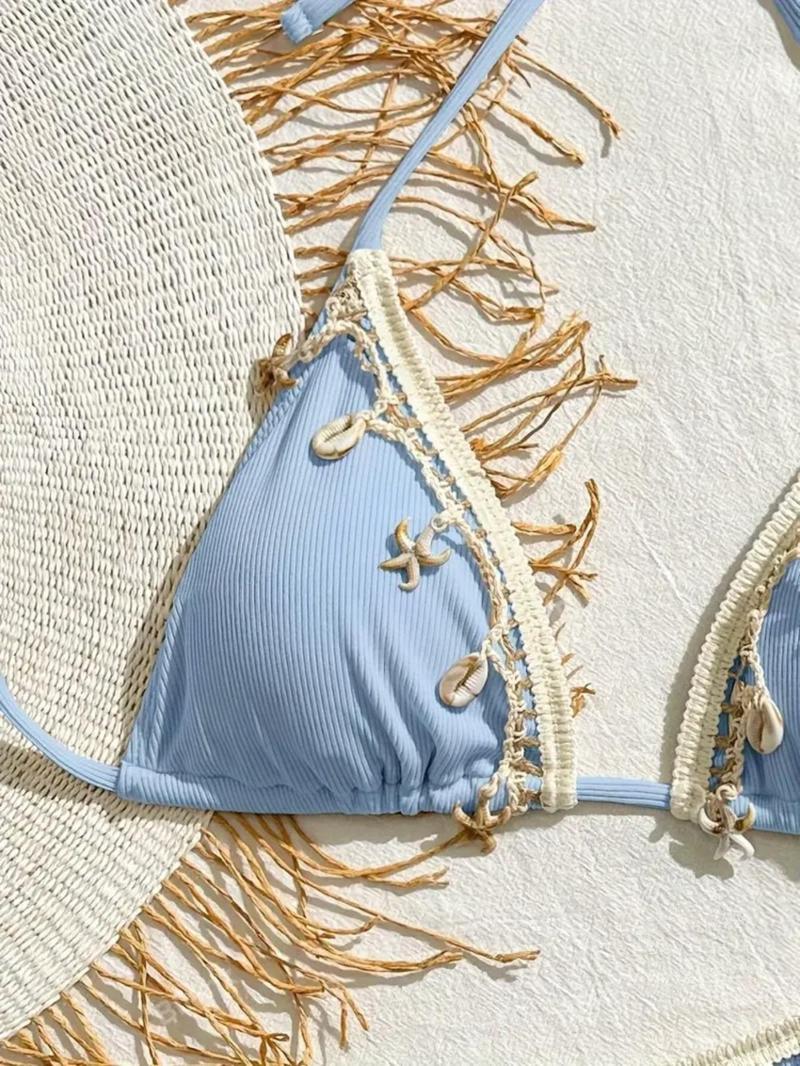 Product Introduction of Women's Plain Shell Decor Tie Back Bikini Set, Casual Fashion Chic Swimsuit Set for Beach Holiday Vacation, Ladies Swimwear for All Seasons 5