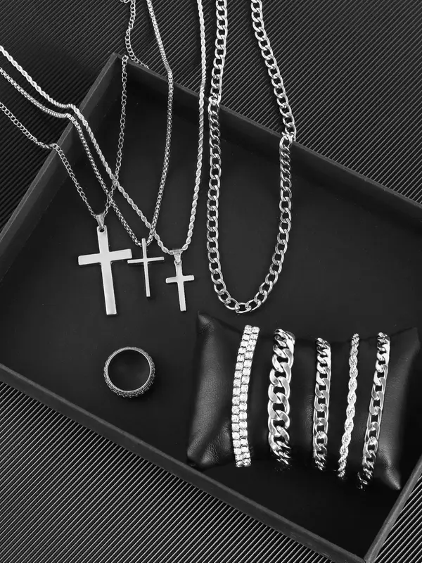 Men's Street Trend Cross Pendant & Cuban Chain Necklace, Rhinestone Decorated Chain Bracelet & Ring, Fashionable Jewelry Set As Gift without Box, Unique Gifts for Women 3
