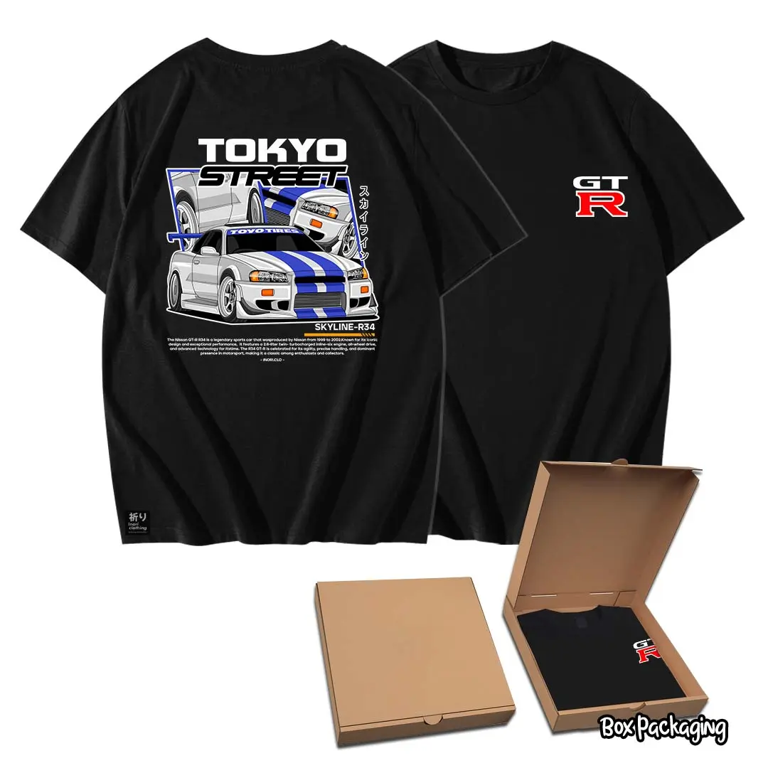 Kaos GTR skyline R34 Godzilla bonus sticker pack Combed Sablon kaos racing bengkel