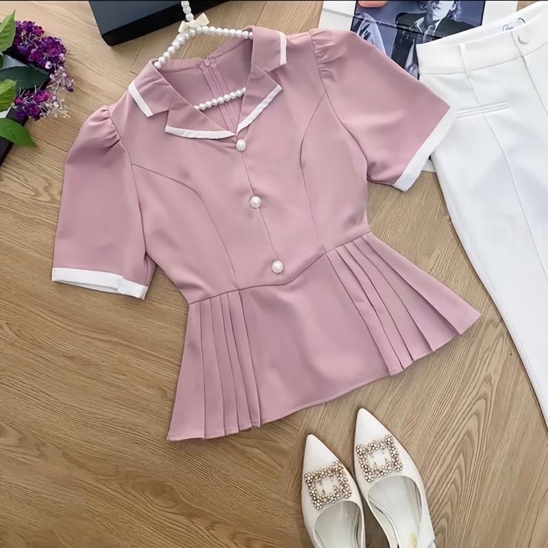 Áo Peplum Cổ V đính cúc ngọc phối viền xếp ly Nữ Women Top Thun