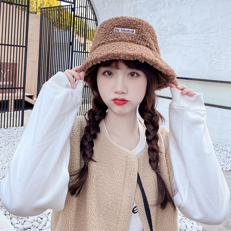 Product Introduction of Lamb Wool Bucket Hat Winter Warm Hats For Women Lady Thicken Flat Top Cap Panama Outdoor Fisherman Hat Caps Letter Embroidered Hat Fisherman Cap 56-58 cm 34