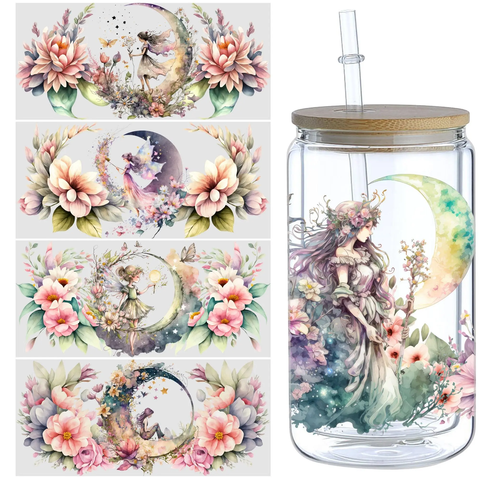 Flower & Fairy Pattern UV DTF Cup Sticker, Waterproof Transfer Sticker, Decorative Sticker for 16oz Glass Cup, DIY, Furniture, Crafts