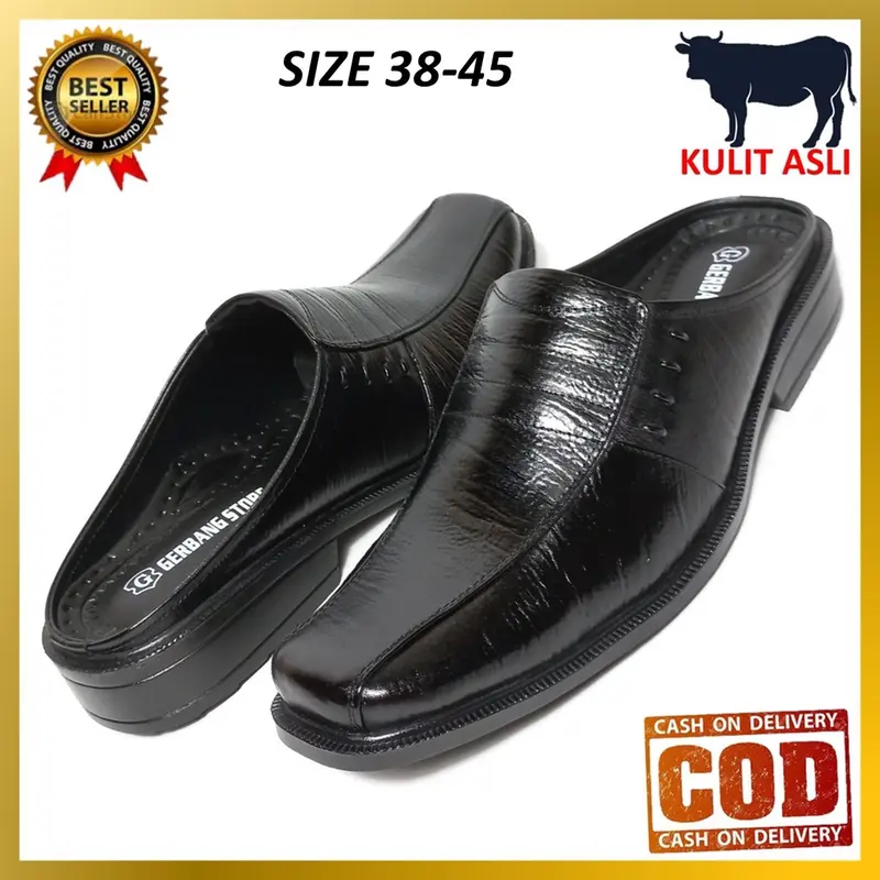 Sepatu Sandal Slop Kulit Asli Sapi Kantor Dinas Resmi Pesta Pantofel Formal Big Size 38-45 Pria Shoes 2