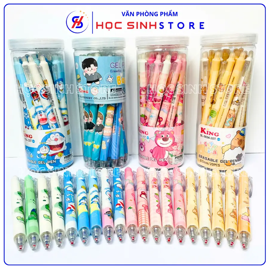 Lon 20 Cây Bút Gel Bấm Xóa Được King, Ngòi 0.5mm Mực Xanh/Tím (Giao Mẫu Ngẫu Nhiên), Bút Xóa Được Dành Cho Học Sinh Tiểu Học, Mực Đậm, Nét Nhỏ