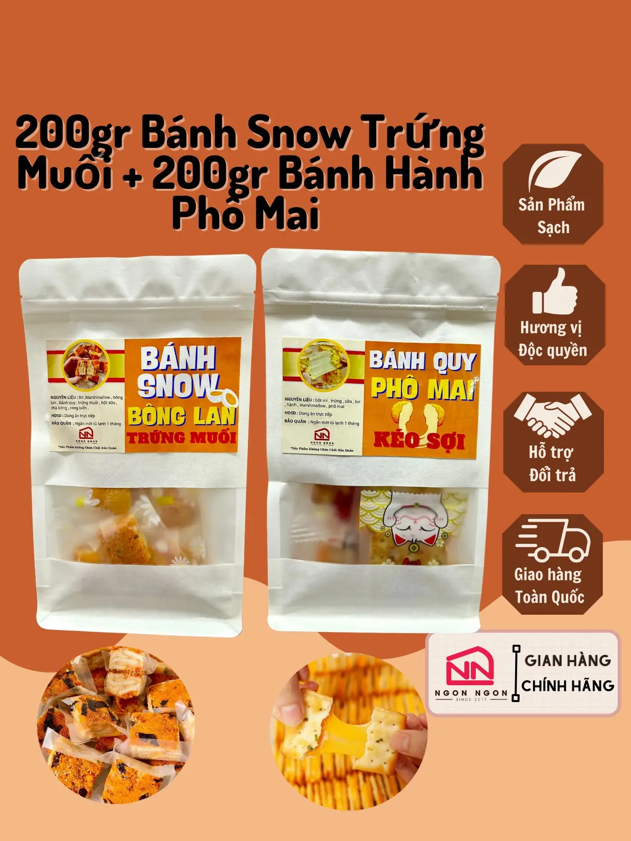 (COMBO 400GR) 200gr Bánh Snow Trứng Muối (18-20 bánh) + 200gr Bánh Hành Phô Mai Chà Bông Kéo Sợi (10-12 bánh), Đồ Ăn Vặt SNACK Food Thức Ăn Bánh Quy