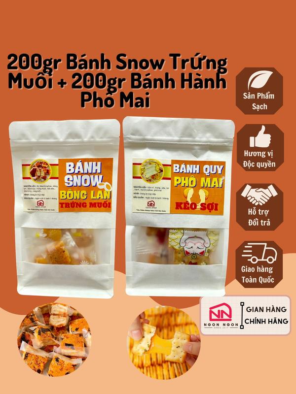 (COMBO 400GR) 200gr Bánh Snow Trứng Muối (18-20 bánh) + 200gr Bánh Hành Phô Mai Chà Bông Kéo Sợi (10-12 bánh), Đồ Ăn Vặt SNACK Food Thức Ăn Bánh Quy