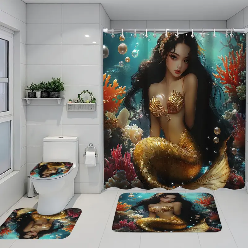 Mermaid Pattern Bathroom Decor Set, 1 Set Including Shower Curtain & Toilet U-shaped Mat & Rectangular Mat & Toilet Lid Cover, Bathroom Accessories 2