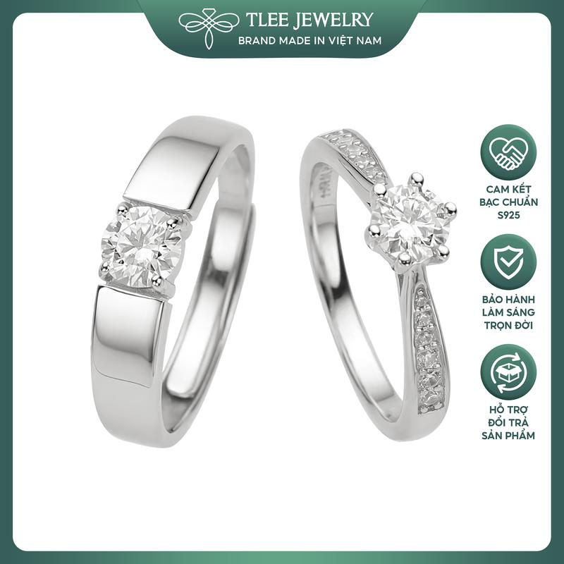 Nhẫn bạc TLEE, nhẫn đôi bạc đeo nam nữ đá chủ 5mm sang trọng TLEE JEWELRY ND0116